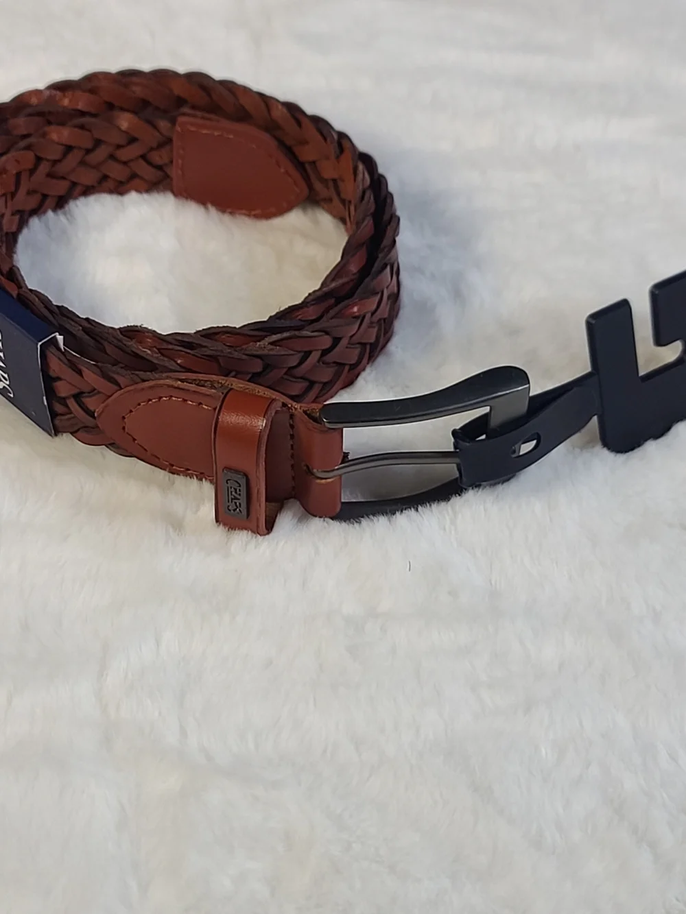 Chaps Braided Leather Belt in Chestnut Brown with Black Buckle